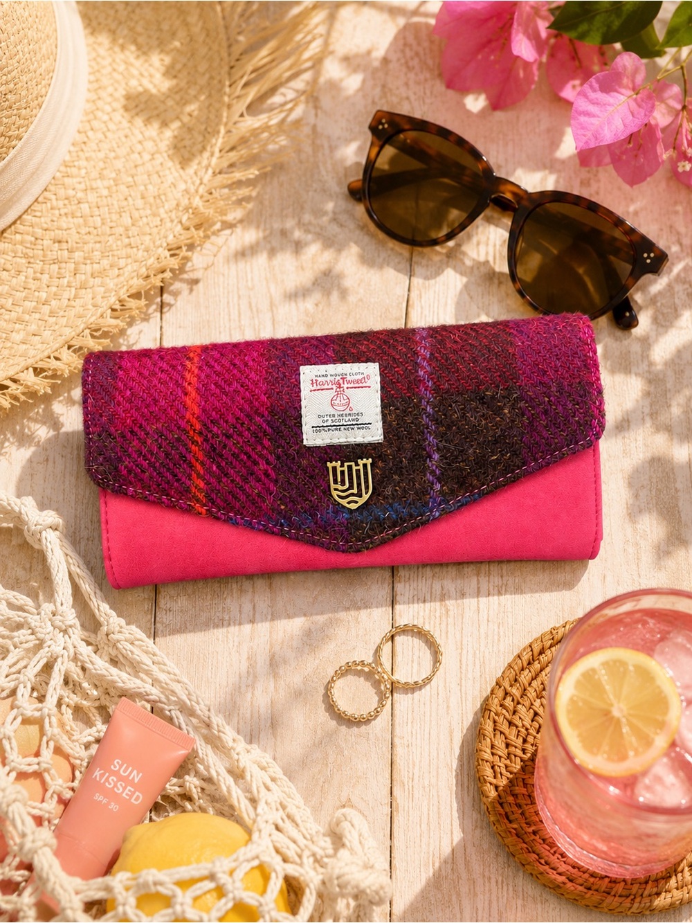 Harris Tweed Pink Wool-Flap Clutch Wallet